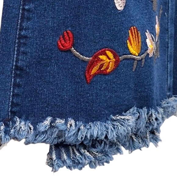 Vazoca High Rise Embroidered Floral Flare Blue Jeans Raw Hem Boho Hippie Y2K XL - Picture 6 of 9